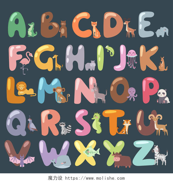 超可爱的动物园字母表与卡通动物结合字体